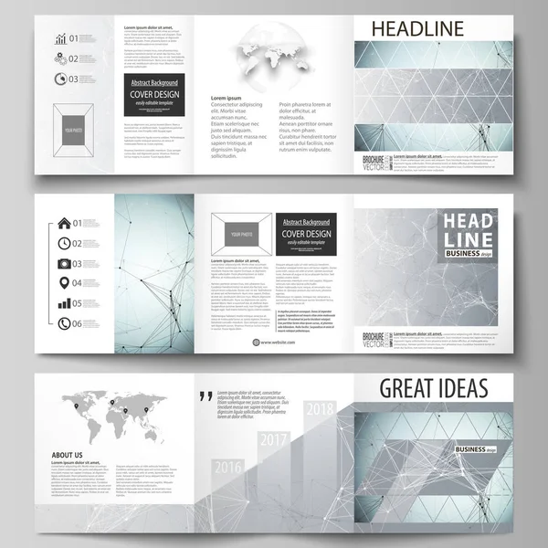 Eine Reihe von Geschäftsvorlagen für dreifach quadratische Design-Broschüren. Prospekteinband, abstraktes Vektorlayout. Chemie Muster, Verbindungslinien und Punkte, Molekülstruktur, wissenschaftliche medizinische Dna-Forschung — Stockvektor