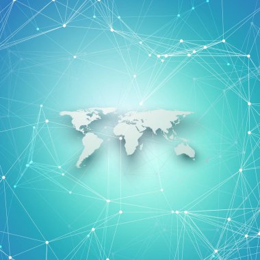 Dünya harita mavi gölgeli perspektif içinde. Soyut küresel ağ bağlantıları, geometrik tasarım teknoloji kavramı arka plan. Kimya desen, molekül yapısı, bağlanan çizgiler ve noktalar.