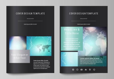 A4 formatında düzenlenebilir yerleşimini siyah renkli vektör çizim tasarım şablonları için broşür, dergi, broşür, kitapçık kapsar. Molekül yapısı, çizgiler ve noktalar bağlama. Teknoloji kavramı.