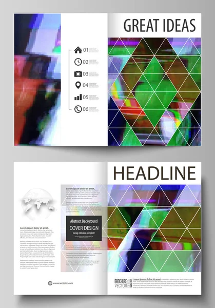 Business templates for bi fold brochure, flyer. Cover design template, abstract vector layout in A4 size. Glitched background, colorful pixel mosaic. Digital decay, signal error, television fail. — Stock Vector