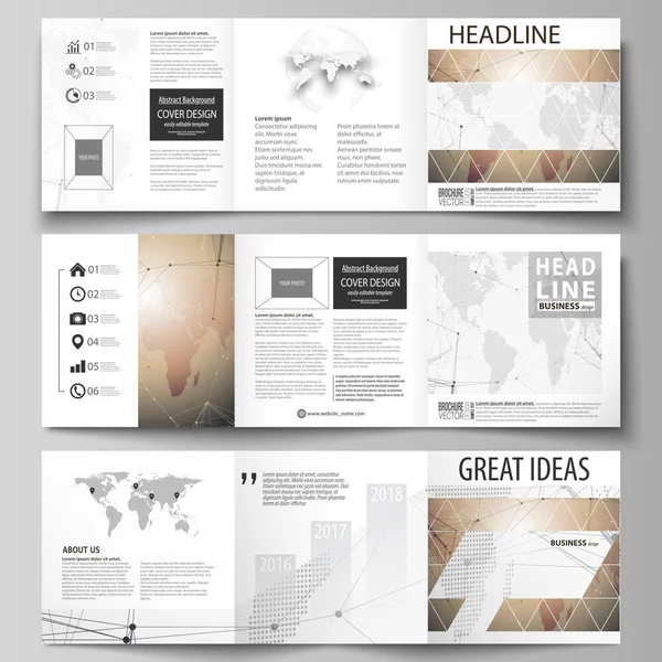 The minimalistic vector illustration of the editable layout. Three creative covers design templates for square brochure or flyer. Global network connections, technology background with world map. — Stock Vector