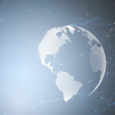 Bağlanma çizgiler ve noktalar, poligonal doğrusal doku ile mavi arka plan üzerinde dünya dünya. Veri teknolojisi dijital kavramı küresel ağ bağlantıları, soyut futuristik geometrik tasarım, kazmak.