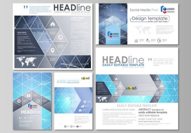 Modern sosyal medya mesaj tasarım şablonları popüler formatları düzenlenebilir yerleşimini minimalist tasarlamak vektör çizim. Soyut küresel tasarım. Kimya desen, molekül yapısı.