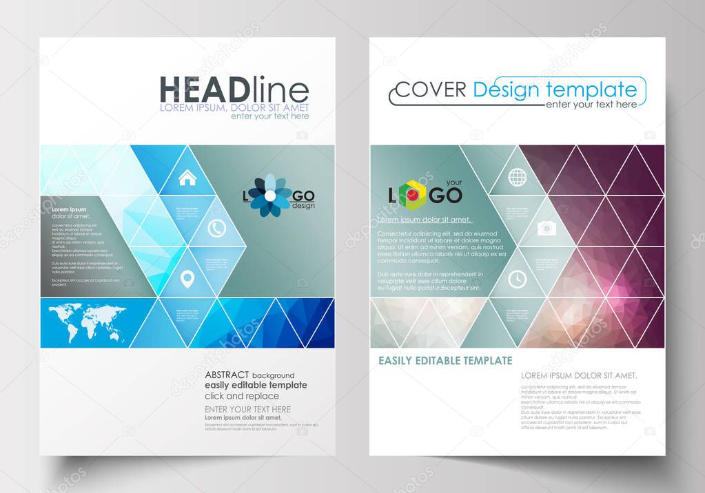 Business templates for brochure, magazine, flyer, booklet or annual report. Cover design template, flat layout in A4 formats. Abstract triangles, blue triangular background, colorful polygonal vector.