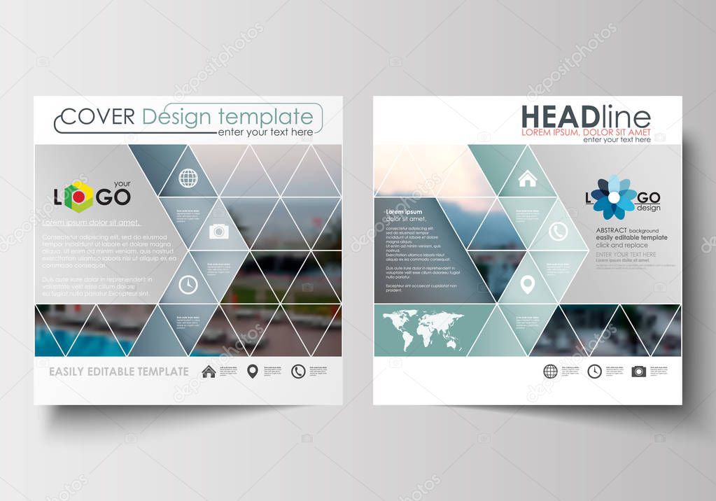 Business templates for square design brochure, magazine, flyer or report. Leaflet cover, abstract flat style travel decoration layout, easy editable vector template, colorful blurred natural landscape