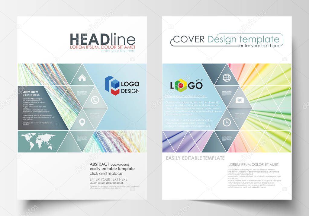 Business templates for brochure, magazine, flyer, report. Cover template, easy editable vector, flat layout in A4 size. Colorful background, abstract waves, lines. Bright color curves. Motion design.