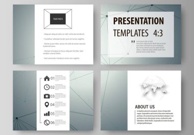 İş şablonları sunma kaymak için. Düz tasarım vektör düzenler. Genetik ve kimyasal bileşikler. Atom, Dna ve nöronlar. Tıp, kimya, teknoloji kavramı. Geometrik arka plan.