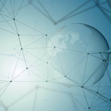 Dünya Küre, bağlayan çizgiler ve noktalar, kimya moleküler desen, moleküller gri arka plan üzerinde noktalı. Molekül yapısı. Tıp, bilim, teknoloji kavramı. Poligonal tasarlamak vektör.