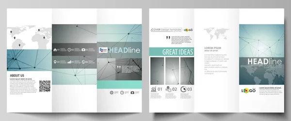 Tri-fold brochure business templates on both sides. Abstract vector layout in flat design. Geometric background, connected line and dots. Molecular structure. Scientific, medical, technology concept.