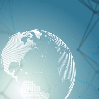 Soyut fütüristik ağ şekiller. Yüksek teknoloji arka plan, bağlayan çizgiler ve noktalar, poligonal doğrusal doku. Dünya küre mavi. Veri kavramı küresel ağ bağlantıları, geometrik tasarım, kazmak.