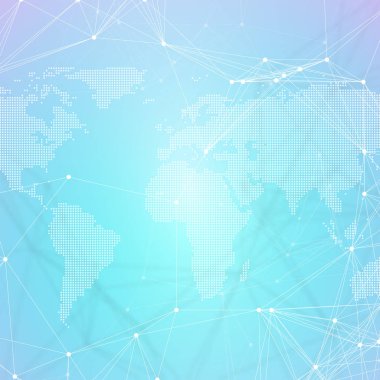 Dünya Haritası kimya desenli çizgiler ve noktalar bağlama noktalı. Mavi molekül yapısı. Bilimsel tıbbi Dna araştırma. Bilim veya teknoloji kavramı. Geometrik tasarım arka plan