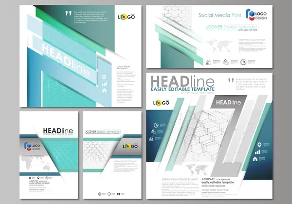 Posts de mídia social definidos. Modelos de negócios. Modelo de design abstrato, layouts vetoriais em formatos populares. Padrão químico, estrutura molecular hexagonal em azul. Medicina, ciência, conceito de tecnologia . — Vetor de Stock