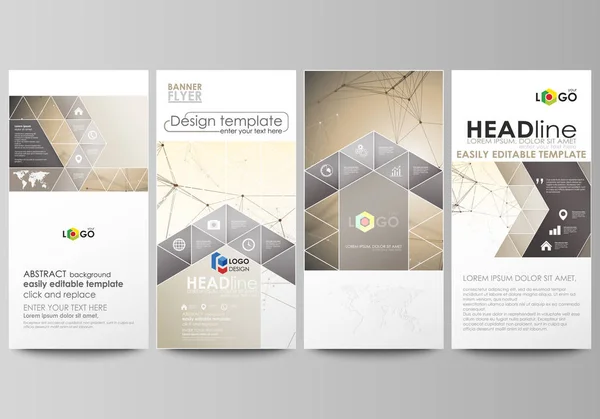 Flyers set, banners modernos. Modelos de negócios. Modelo de design de capa, layouts vetoriais abstratos. Tecnologia, ciência, conceito médico. Pontos dourados e linhas, estilo digital cibernético. Linhas plexo . —  Vetores de Stock