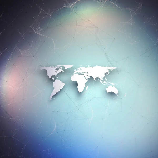 Carte du monde en perspective avec ombre sur bleu. Connexions réseau globales abstraites, concept de technologie de conception géométrique. Schéma chimique, structure des molécules, lignes et points de connexion . — Image vectorielle