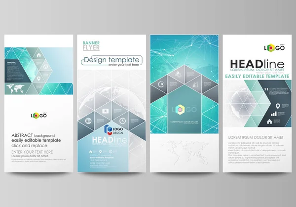 A ilustração vetor abstrato minimalista de layout editável de quatro banners verticais modernos, folhetos modelos de negócios de design. Padrão químico. Estrutura molecular. Médico, ciência de fundo . —  Vetores de Stock