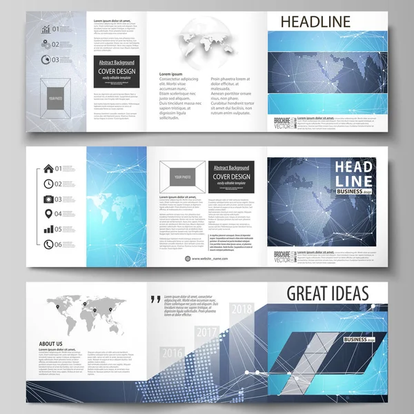 The minimalistic vector illustration of the editable layout. Three creative covers design templates for square brochure or flyer. Abstract global design. Chemistry pattern, molecule structure. — Stock Vector