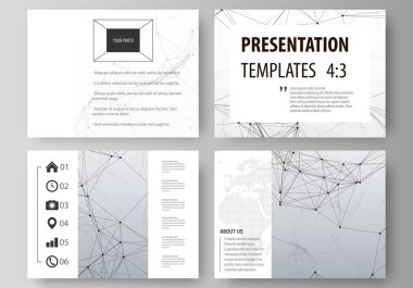 İş şablonları sunma kaymak için kümesi. Düz tasarım soyut vektör düzenler. Bileşikler çizgiler ve noktalar. Büyük veri görselleştirme en az tarzı. Grafik iletişim arka plan.