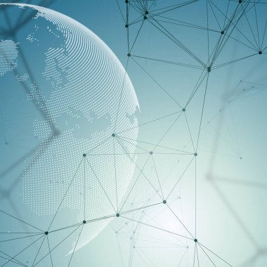 Dünya Küre, bağlayan çizgiler ve noktalar, kimya moleküler desen, moleküller gri arka plan üzerinde noktalı. Molekül yapısı. Tıp, bilim, teknoloji kavramı. Poligonal tasarlamak vektör.