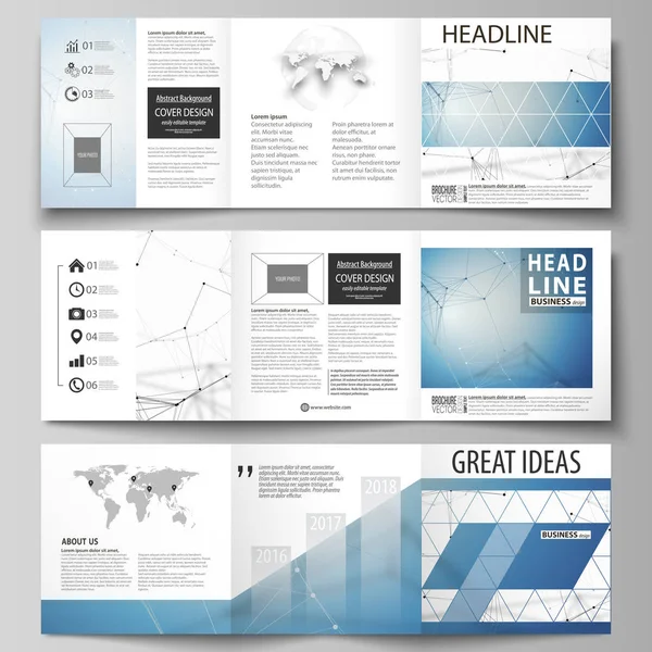 Set of business templates for tri fold square design brochures. Leaflet cover, abstract vector layout. Geometric blue color background, molecule structure, science concept. Connected lines and dots. — Stock Vector
