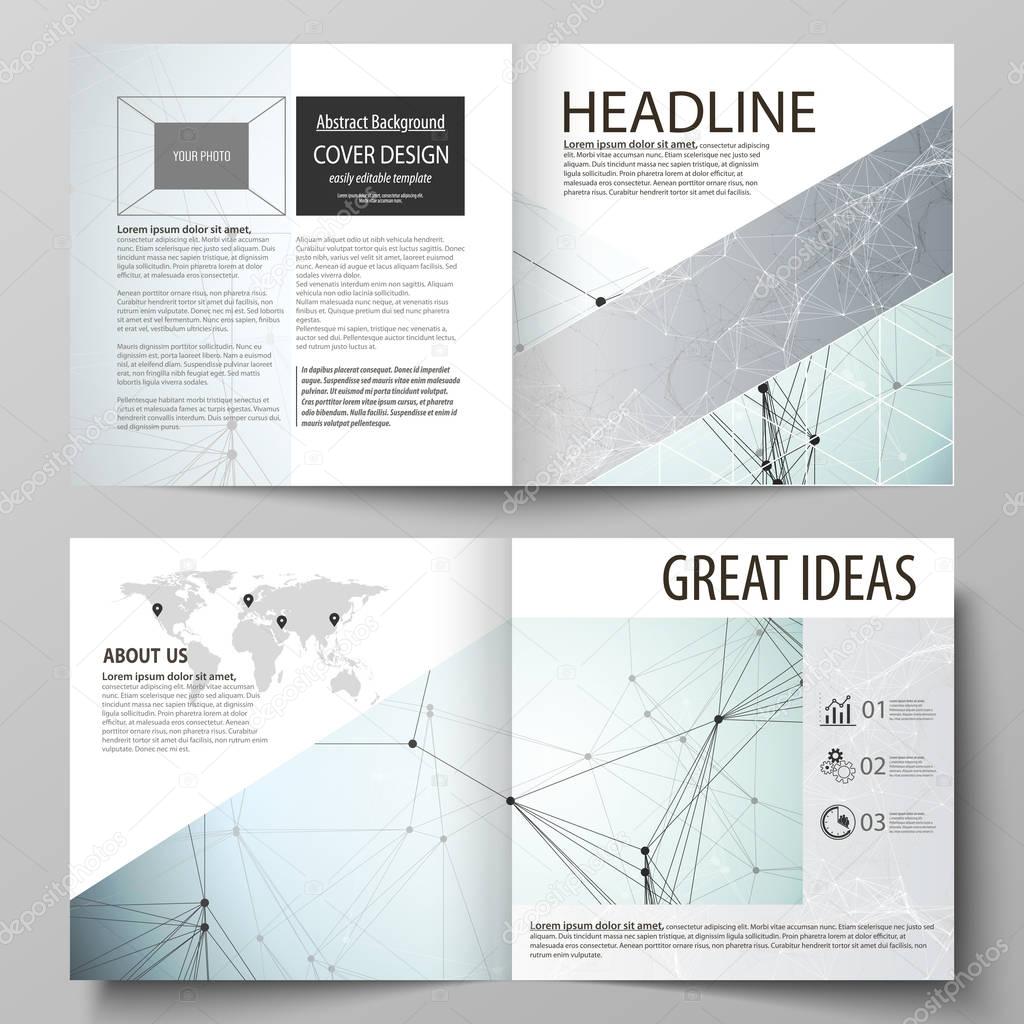 Chemistry pattern, connecting lines and dots, molecule structure, scientific medical DNA research. Business templates for square design bi fold brochure, flyer, report. Leaflet cover, vector layout.