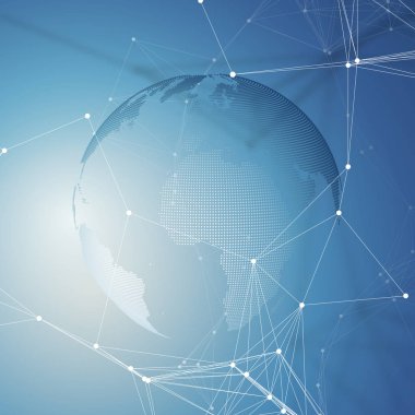 Soyut gelecekçi ağ şekilleri. Yüksek teknoloji HUD arka plan, bağlayıcı çizgiler ve noktalar, çokgen doğrusal doku. Mavi üzerine dünya küresi. Küresel ağ bağlantıları, geometrik tasarım, kazı veri kavramı.