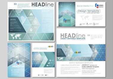 Modern sosyal medya mesaj tasarım şablonları popüler formatları düzenlenebilir yerleşimini minimalist tasarlamak vektör çizim. Kimya desen, çizgiler ve noktalar bağlama. Tıp kavramı.