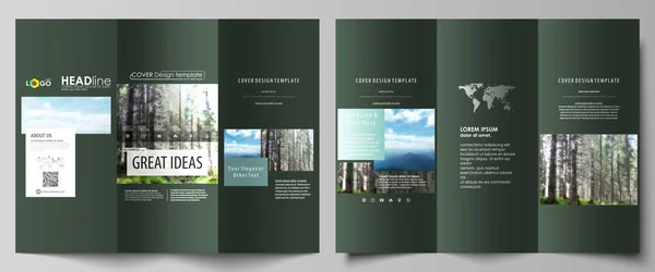 Tri-fold brochure templates on both sides. Abstract vector layout in flat design. Colorful background made of triangular or hexagonal texture for travel business, natural landscape in polygonal style.
