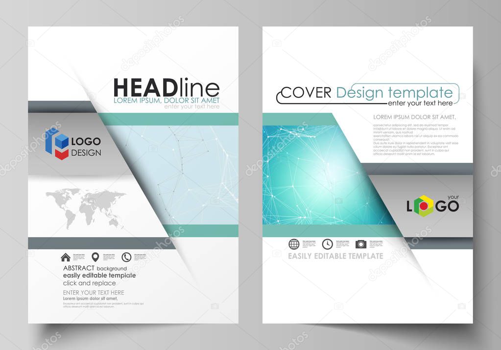 The vector illustration of the editable layout of two A4 format modern covers design templates for brochure, magazine, flyer, report. Futuristic high tech background, dig data technology concept.