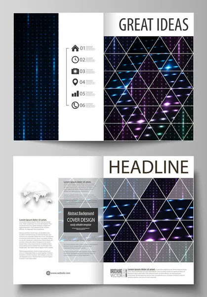 Modèles d'affaires pour brochure bi-pliante, dépliant, livret. Modèle de couverture, mise en page en format A4. Des points néons colorés abstraits, un fond technologique pointillé. Texture futuriste, design vectoriel numérique . — Image vectorielle