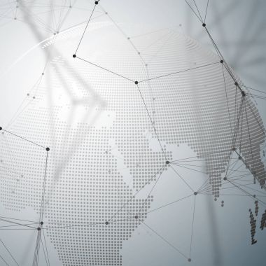 Soyut fütüristik ağ şekiller. Yüksek teknoloji arka plan, bağlayan çizgiler ve noktalar, poligonal doğrusal doku. Dünya küre üzerinde gri. Veri kavramı küresel ağ bağlantıları, geometrik tasarım, kazmak.