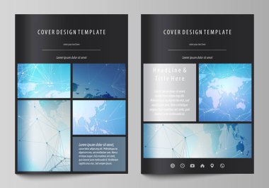 A4 formatında düzenlenebilir yerleşimini siyah renkli vektör çizim tasarım şablonları için broşür, dergi, broşür, kitapçık kapsar. Dünya harita üzerinde mavi, geometrik teknoloji tasarım, poligonal doku.