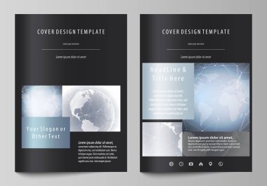 A4 formatında düzenlenebilir yerleşimini siyah renkli vektör çizim tasarım şablonları için broşür, dergi, broşür, kitapçık kapsar. Soyut fütüristik ağ şekiller. Yüksek teknoloji arka plan.