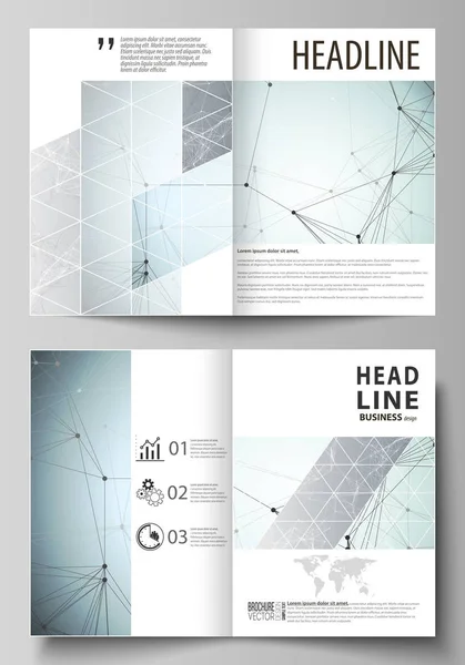 Modèles d'affaires pour brochure bi-pliante, dépliant, rapport. Modèle de conception de couverture, plan vectoriel en format A4. Schéma chimique, lignes et points de connexion, structure moléculaire, recherche médicale sur l'ADN . — Image vectorielle