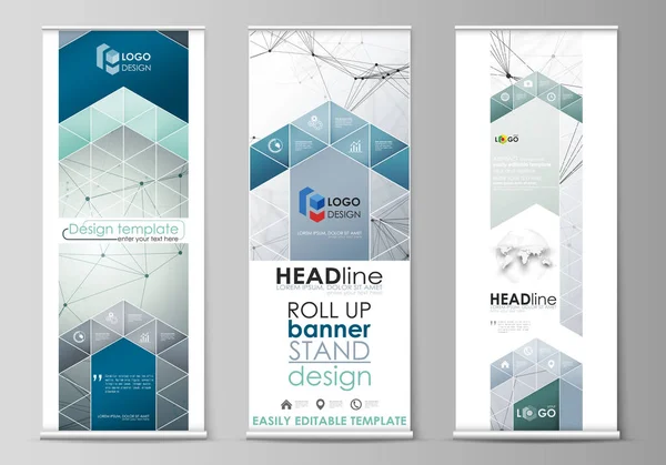 Conjunto de stands de banner roll up, modelos, design geométrico, folhetos vetoriais verticais corporativos, layouts de bandeira. Compostos genéticos e químicos. ADN e neurónios. Medicina, química, conceito de ciência . —  Vetores de Stock