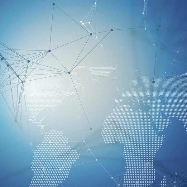 Bağlanma çizgiler ve noktalar, poligonal doğrusal doku ile arka plan fütüristik. Dünya harita üzerinde mavi. Genel ağ bağlantıları, geometrik tasarım, teknoloji dijital kavramı.