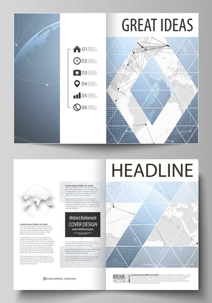 Vektorillustration av två A4 format moderna cover mockups redigerbara layout design mallar för broschyr, magazine, flyer. Världen världen på blå. Globala nätverksanslutningar, linjer och punkter. — Stock vektor