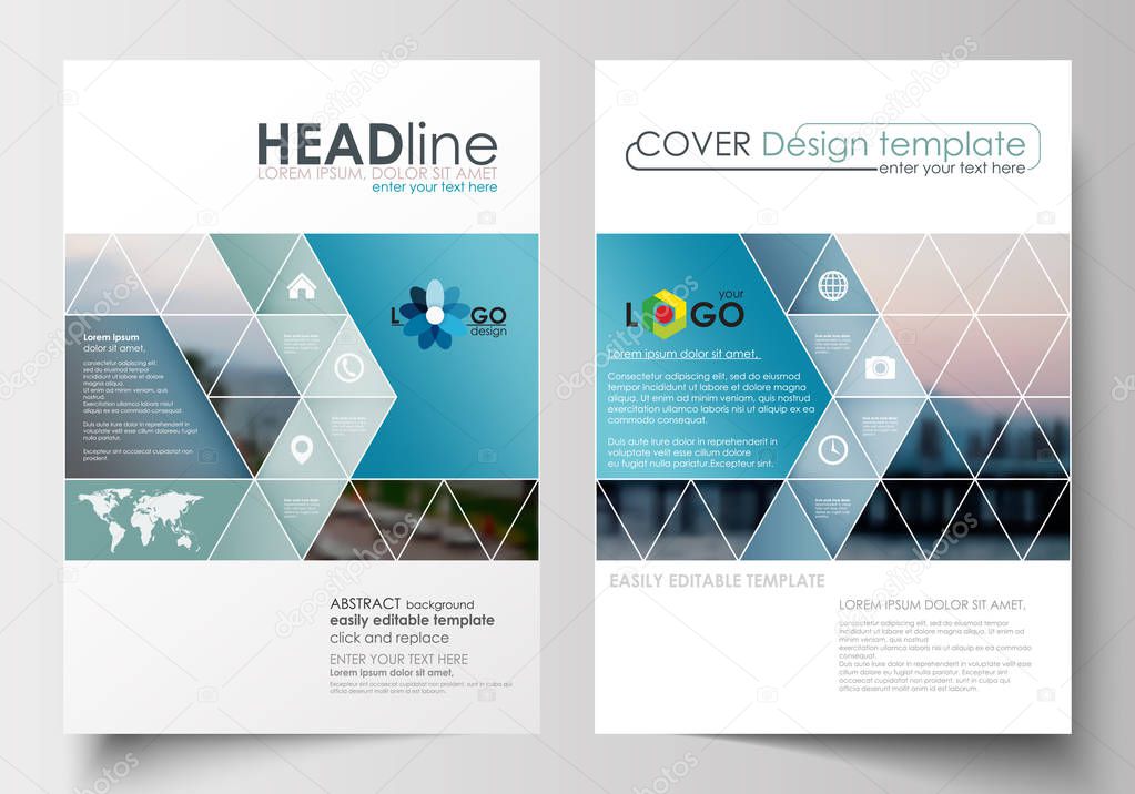 Business templates for brochure, magazine, flyer, booklet. Cover design, abstract flat style travel decoration layout in A4 size, easy editable vector template, colorful blurred natural landscape.