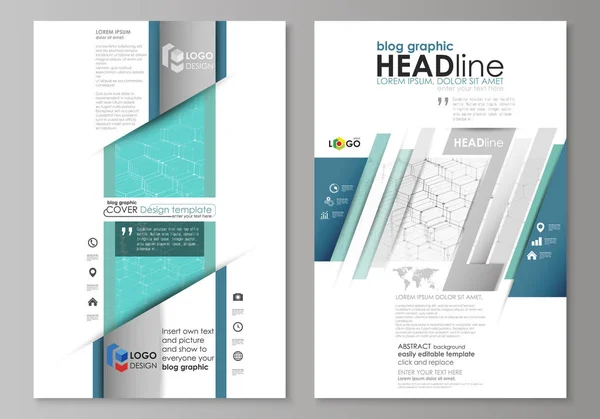 블로그 그래픽 비즈니스 템플릿입니다. 페이지 웹사이트 디자인 템플릿, 쉽게 편집 가능한 추상 벡터 레이아웃. 화학 패턴, 파랑에 육각 분자 구조입니다. 약, 과학 및 기술 개념. — 스톡 벡터