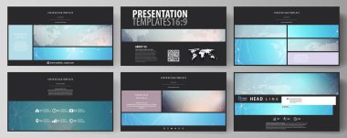 Yüksek çözünürlüklü sunma kaymak düzenlenebilir yerleşimini siyah renkli minimalist vektör çizim tasarım şablonları. Molekül yapısı. Bilim, teknoloji kavramı. Köşeli tasarım.