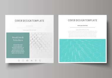 Broşür, el ilanı, rapor Tasarım iş şablonları square için. Kapak broşür, vektör düzenini soyut. Kimya desen, altıgen molekül yapısı mavi. Tıp, bilim, teknoloji kavramı