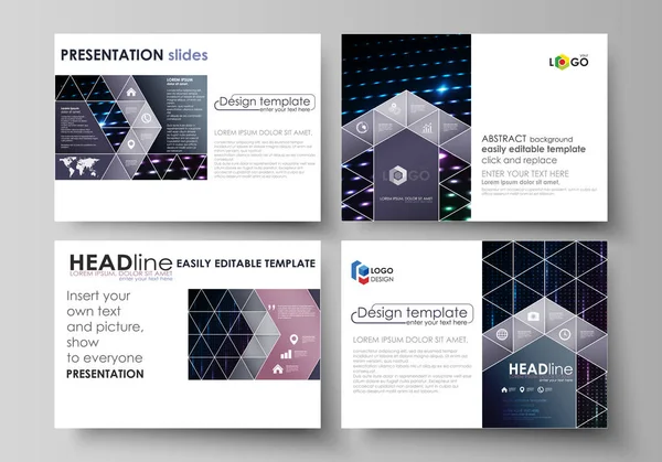 Business templates for presentation slides. Layouts in flat style. Colorful neon dots, dotted technology background. Glowing particles, led light pattern, futuristic texture, digital vector design — Stock Vector