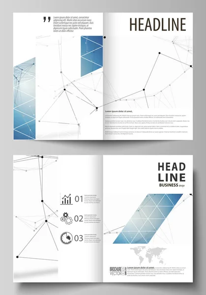 业务模板为双折叠小册子，杂志，传单。覆盖在 A4 大小的矢量布局设计模板。几何的蓝色背景、 分子结构、 科学概念。相互连接的直线和圆点. — 图库矢量图片