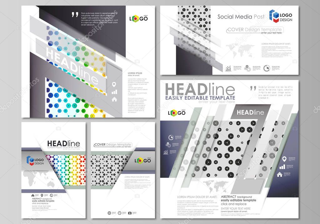 Social media posts set. Business abstract templates, vector layouts in popular formats. Chemistry pattern, hexagonal design molecule structure, medical DNA research. Geometric colorful background