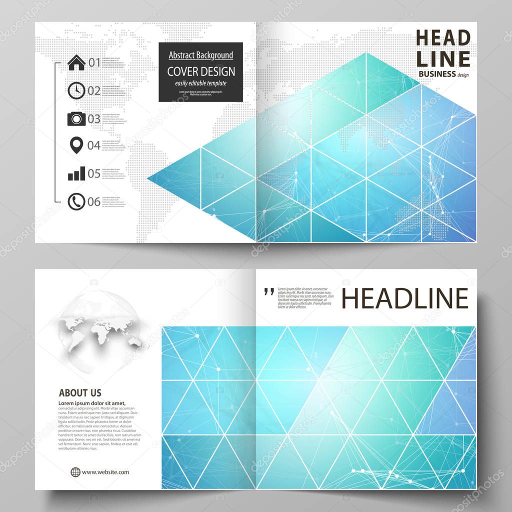 Business templates for square design bi fold brochure, flyer. Leaflet cover, vector layout. Chemistry pattern, connecting lines and dots, molecule structure, medical DNA research. Medicine concept.
