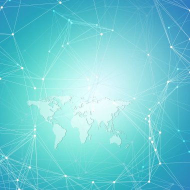 Dünya harita üzerinde mavi arka plan. Genel ağ bağlantıları, soyut geometrik tasarım, teknoloji dijital kavramı. Kimya desen, molekül yapısı, bağlanan çizgiler ve noktalar.