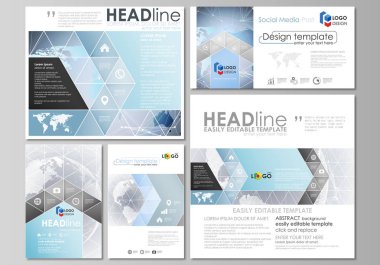 Modern sosyal medya mesaj tasarım şablonları popüler formatları düzenlenebilir yerleşimini minimalist tasarlamak vektör çizim. Teknoloji kavramı. Molekül yapısı, arka plan bağlanma.