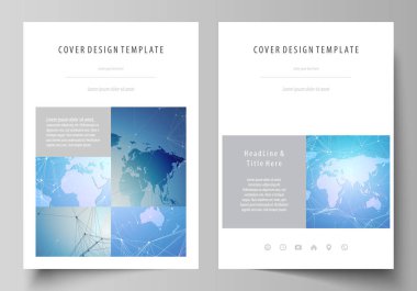 A4 formatında düzenlenebilir yerleşimini vektör çizim tasarım şablonları broşür, dergi, broşür, kitapçık, rapor için kapsar. Dünya harita üzerinde mavi, geometrik teknoloji tasarım, poligonal doku.