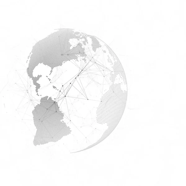 抽象的未来派网络形状。高科技背景下，连接线条和点、 多边形纹理。在白色的黑色世界地球仪。全球网络连接，几何设计，挖掘数据的概念. — 图库矢量图片