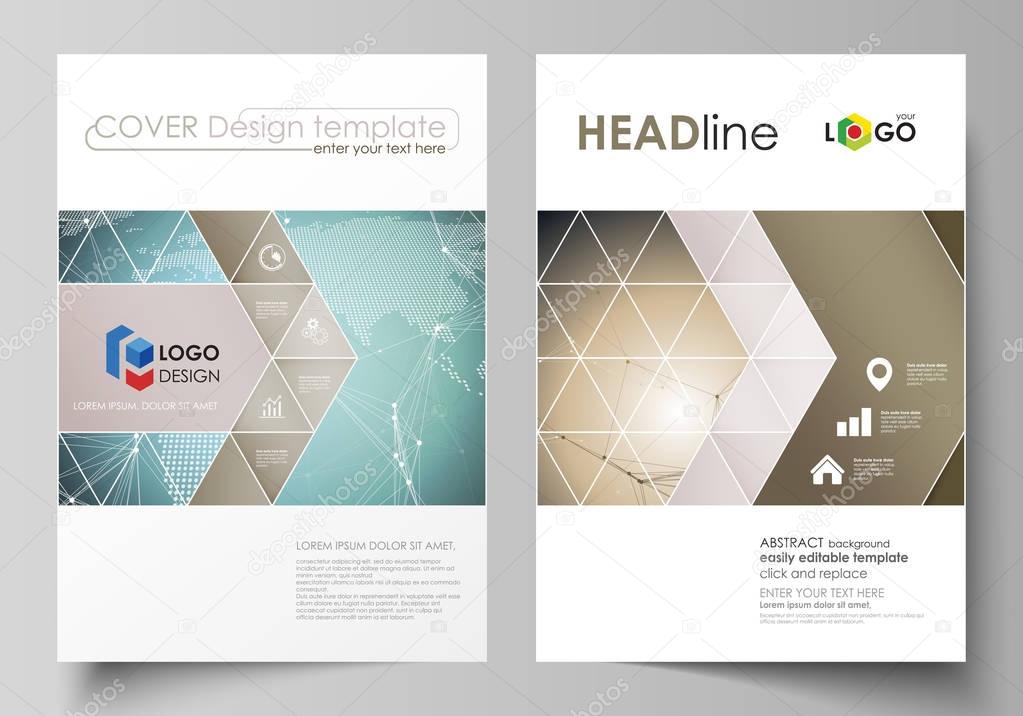 The vector illustration of the editable layout of two A4 format covers with triangles design templates for brochure, flyer, booklet. Chemistry pattern with molecule structure. Medical DNA research.