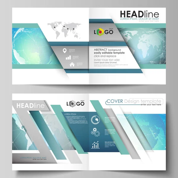 İki kapakları Şablonu düzenlenebilir yerleşimini vektör çizim için kare tasarım BI broşür, dergi, broşür, kitapçık katlama. Kimya model, molekül yapısı, geometrik tasarım arka plan.